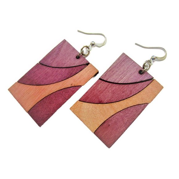 Pink and purple rectangle wooden earring - painted boho earrings stainless posts - Picture 1 of 8